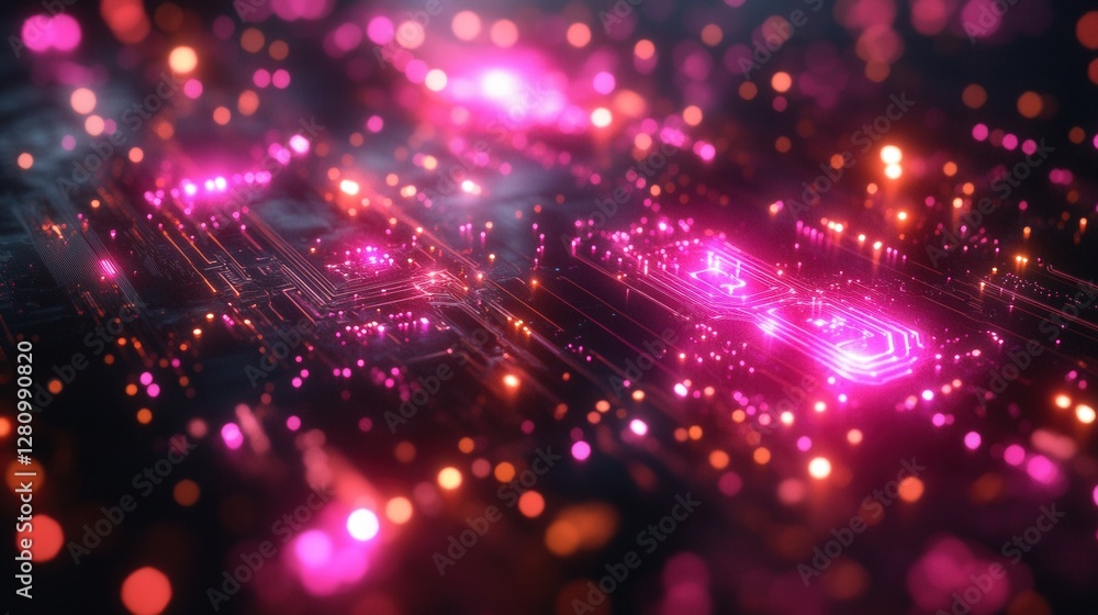 Aufkleber abstract digital circuit with glowing pink lights and particles, creating a vibrant tech atmosphere
