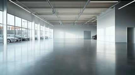 Obraz premium An empty car dealership showroom with a selection of modern vehicles on display. Featuring a tidy and airy design