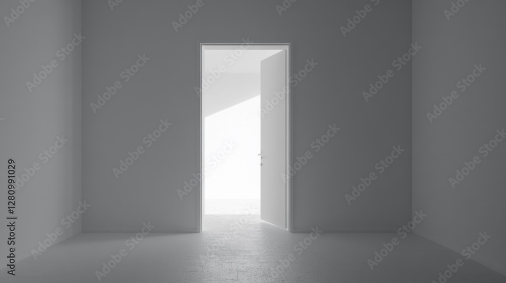 Aufkleber An open door reveals a soft glow of light filtering into a serene white room. The minimalist space invites introspection, highlighting endless possibilities waiting beyond the threshold