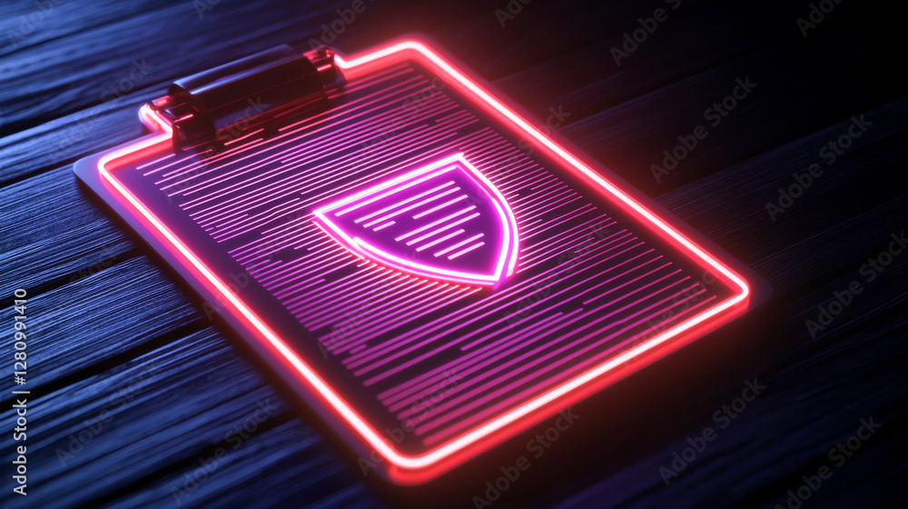 Poster a neon-lit clipboard with a shield symbol representing security and protection.