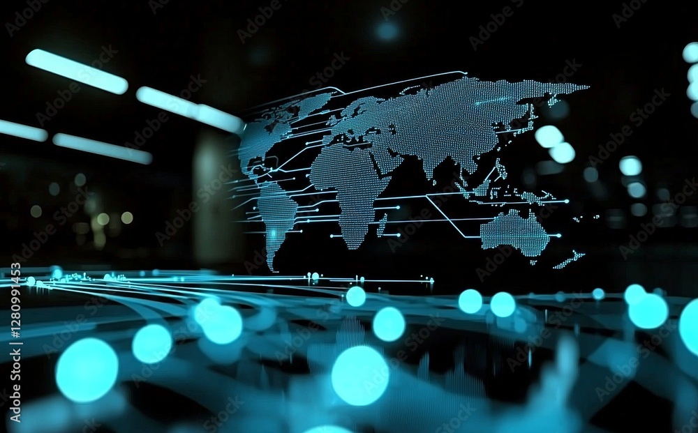 Poster innovative concept of technology depicted as an abstract pattern and texture of a digital world map 