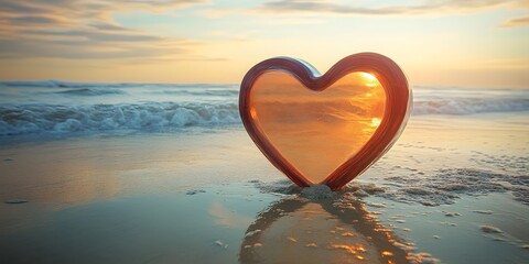Fototapeta premium Glass Heart on Beach at Sunset Sunrise Ocean Waves Romantic Love