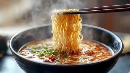 Delicious Hot Noodle Soup with Steam and Green Onion Garnish