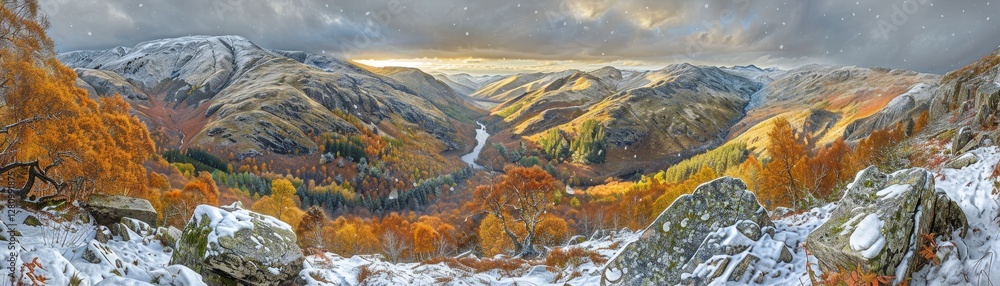Poster a snowy mountain range with a river running through it