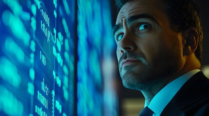 Businessman Analyzing Data on Digital Display in Modern Office Environment