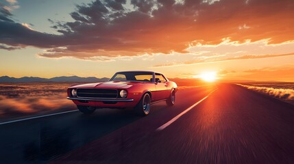 Vintage Muscle Car on a Scenic Highway at Sunset in the Desert