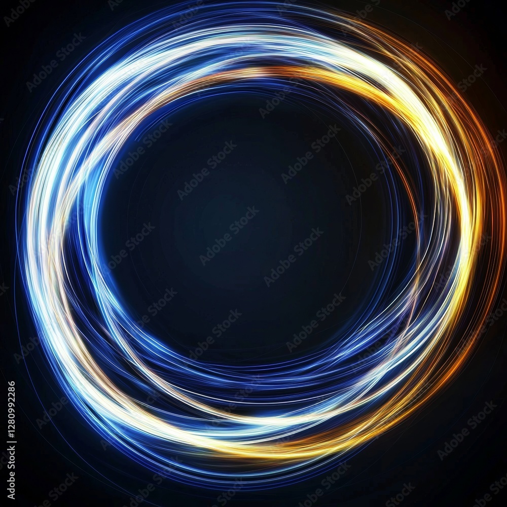 Poster a glowing spiral and energy flow tunnel are set against an abstract ring background with a luminous,