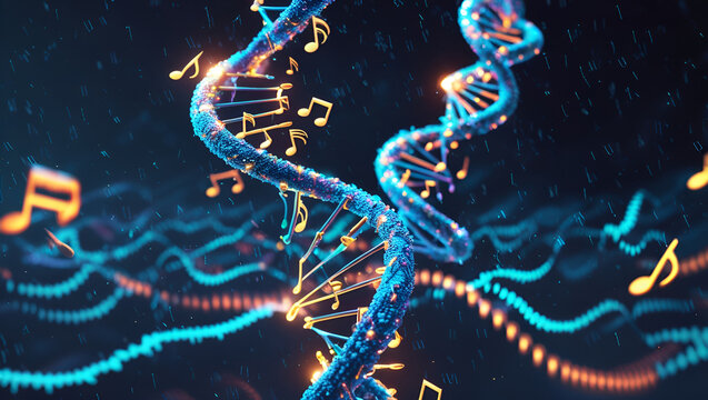 a hyper-detailed view of a DNA molecule where each base pair transforms into musical notes, visualized through waves of colored light.