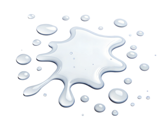 Clear water or gel splash with bubbles and scattered drops. Glossy, transparent liquid texture. Ideal for hydration, purity, or abstract design concepts. Isolated on white background.