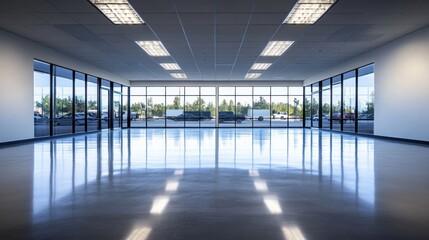 Fototapeta premium An empty car dealership with sleek showroom floors and ample space. Featuring spaciousness and potential