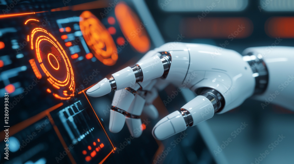 Poster a robotic hand interacting with an advanced digital interface.