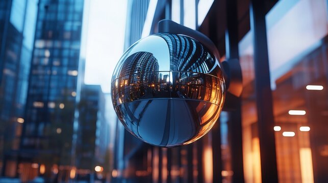 A reflective sphere captures urban architecture, showcasing a blend of modern design and interesting lighting in a cityscape setting.