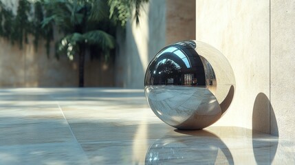 A reflective metallic sphere rests on a polished surface in a modern, minimalist environment with...