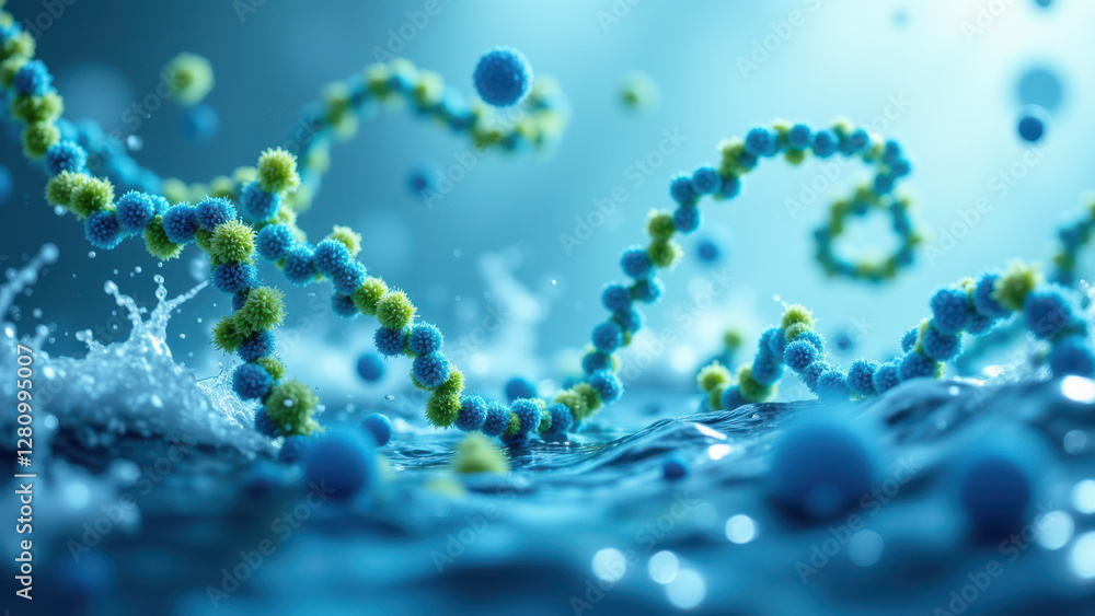 Poster underwater view of molecular structure with bubbles.