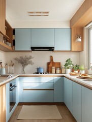 Fototapeta premium This modern kitchen showcases a light blue Ushaped layout