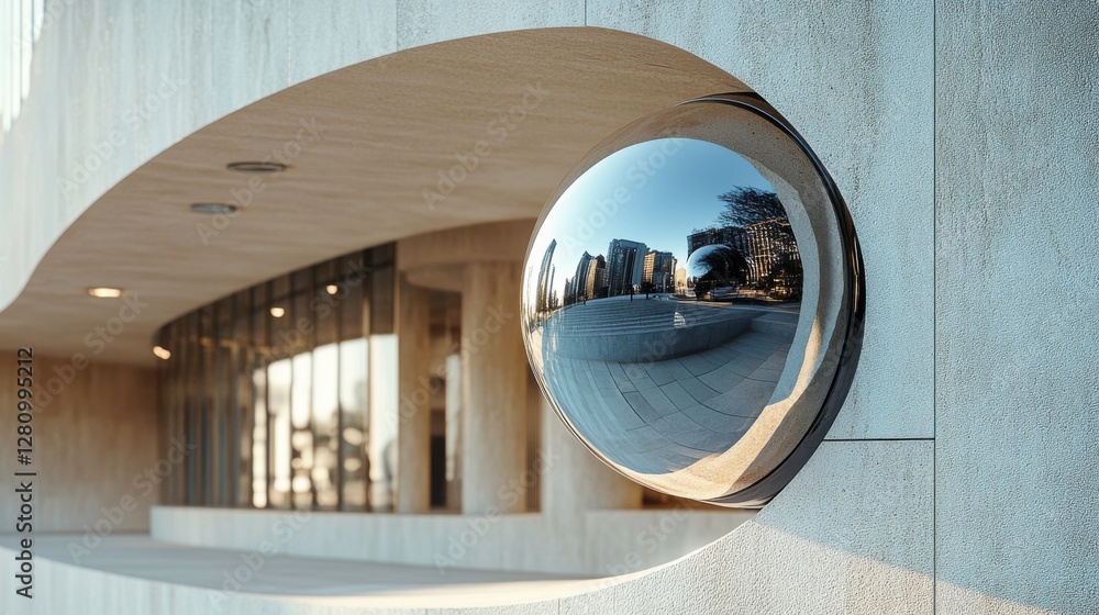 Poster a reflective metallic sphere is embedded in a modern architectural wall, capturing the surrounding u