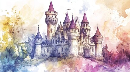Obraz premium Fantasy Castle in Watercolor Style with Vibrant Color Splashes