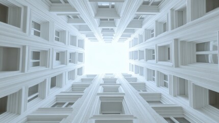 A captivating perspective of a towering building viewed from the ground, emphasizing its architectural grandeur and verticality against the sky.