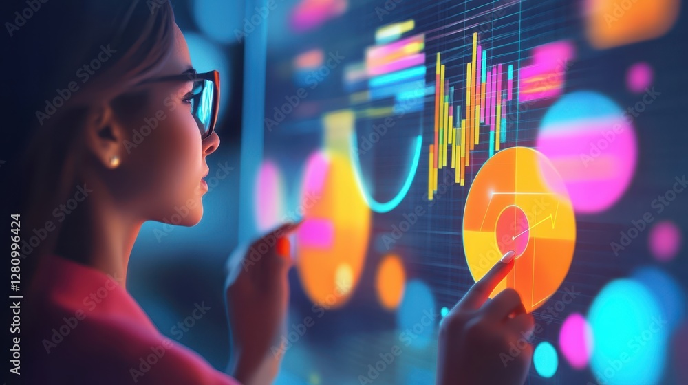 Aufkleber a woman wearing glasses intently observes a screen displaying various graphs and data visualizations