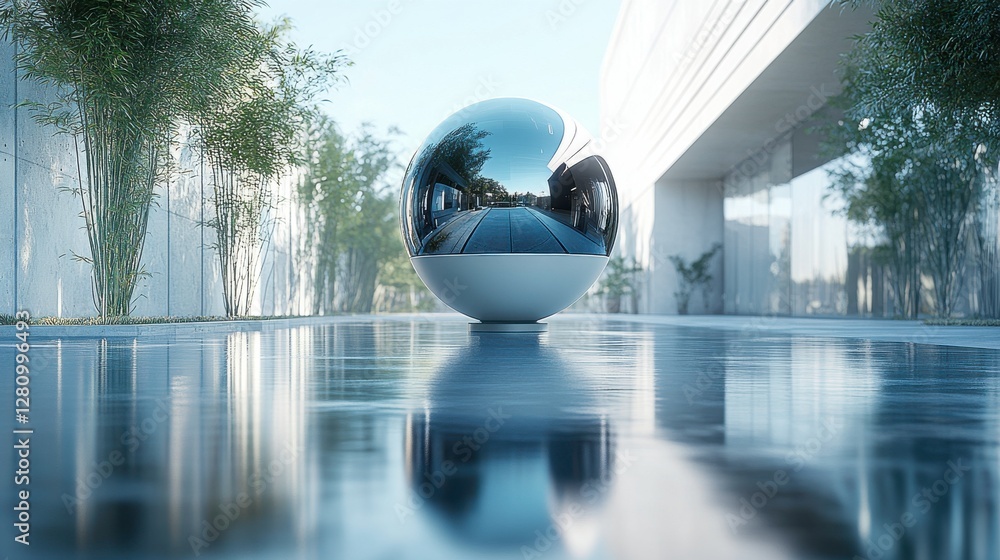 Poster a reflective sphere rests on a smooth surface, surrounded by greenery and modern architecture, creat
