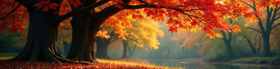 Oak tree with colorful autumn leaves in the forest, oak, colorful, forest