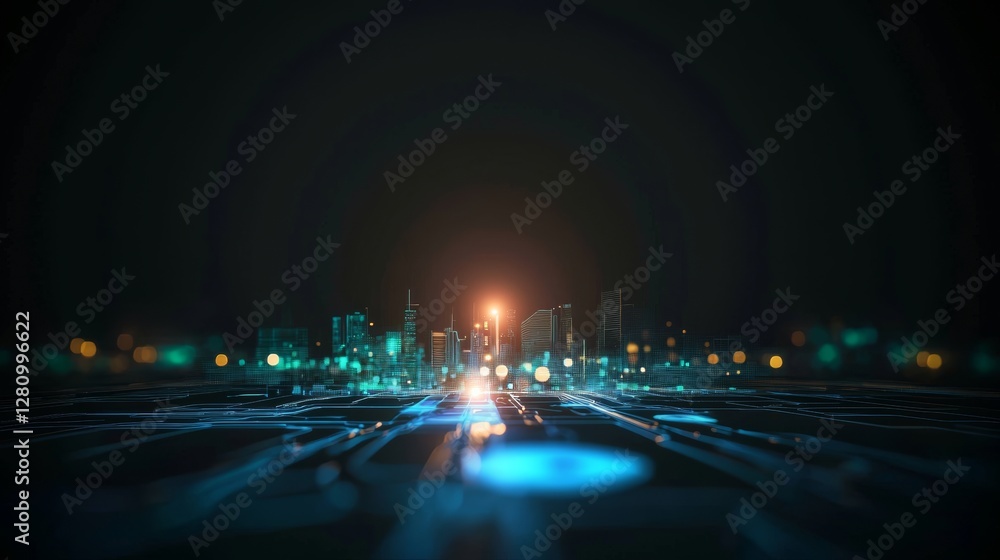 Poster a 3d rendering depicts an abstract futuristic urban backdrop incorporating virtual reality, cyber sa