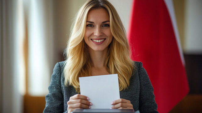 Young woman in front of ballot box holding white voting bill. White and red flag in the background. Polish presidential election  18th of May. 
