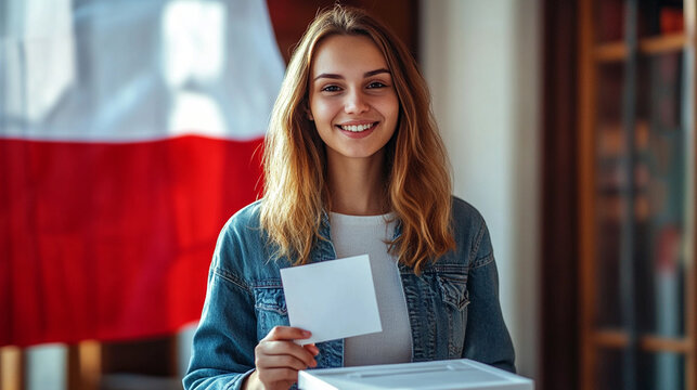 Young woman in front of ballot box holding white voting bill. White and red flag in the background. Polish presidential election  18th of May. 
