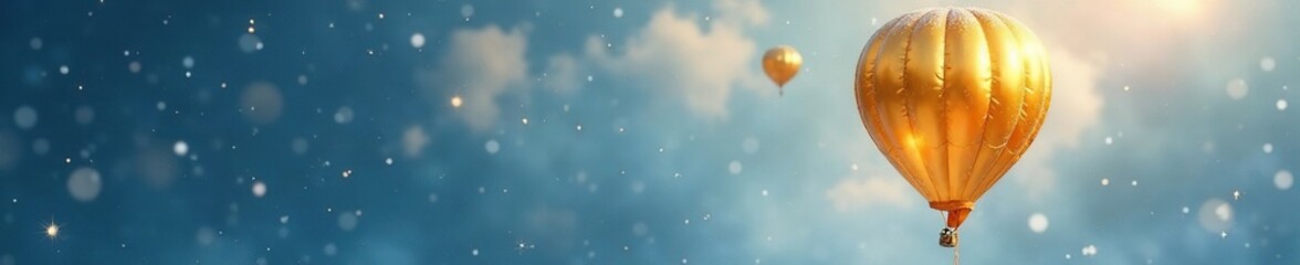 A golden balloon gently drifting down from the sky with snowflakes, frozen, cold weather, sparkling