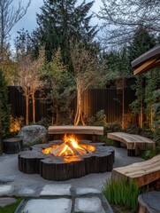A Rustic Fire Pit Surrounded By Trees And Wood Benches
