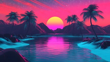 Vibrant Sunset Over Calm Ocean with Silhouetted Palm Trees