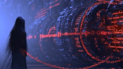 From the back, a woman is illustrated in digital art style, standing in a dilapidated factory and observing a red light as it passes through the gears