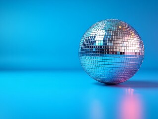 Fototapeta premium Light Up the Night: Sparkling Disco Ball on a Vibrant Blue Background, Ready for Parties and Celebrations, Reflecting Light and Fun