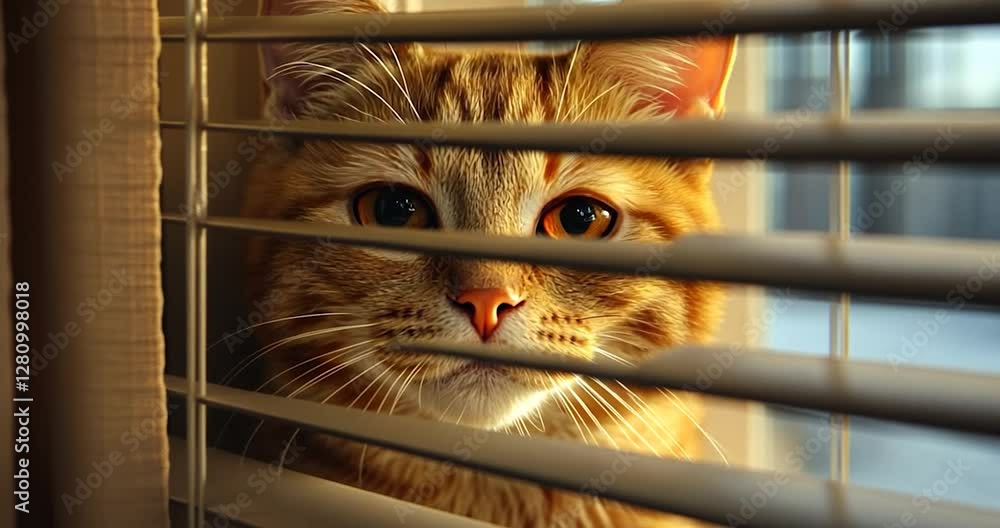 Poster Close-up portrait of cat peering through blinds. Sunlight illuminates the window, creating shadows and soft light, with the cat's alert eyes in focus. The background is blurred