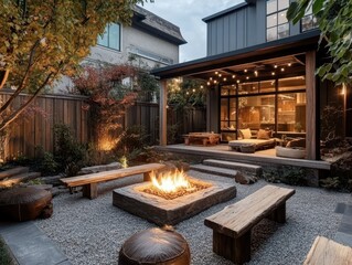 Cozy outdoor living space featuring a fire pit and seating arrangement