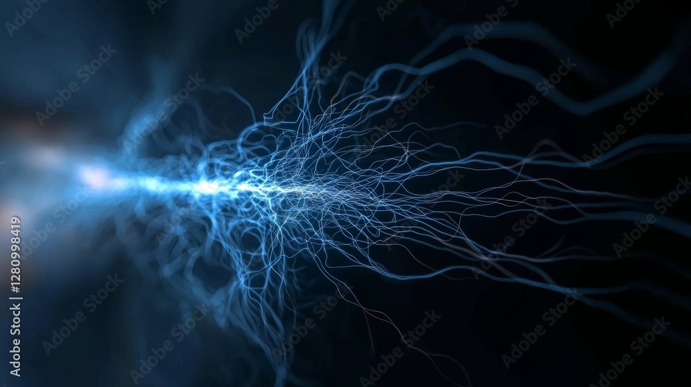 Poster the background is an abstract futuristic representation of fractal blue plasma waves