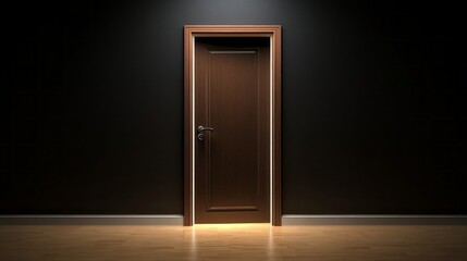 A wooden door stands ajar in a softly lit room, casting a warm glow on the floor. Shadows dance along the walls, hinting at hidden possibilities beyond the entrance
