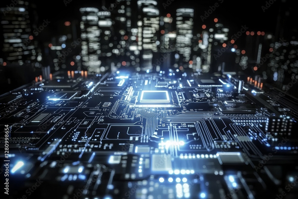 Poster a futuristic metropolis of microchips is depicted in a 3d illustration, symbolizing the background o