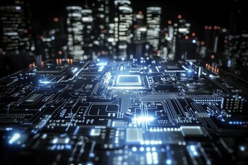 Fototapeta premium A futuristic metropolis of microchips is depicted in a 3D illustration, symbolizing the background of computer science and information technology in a sci-fi setting