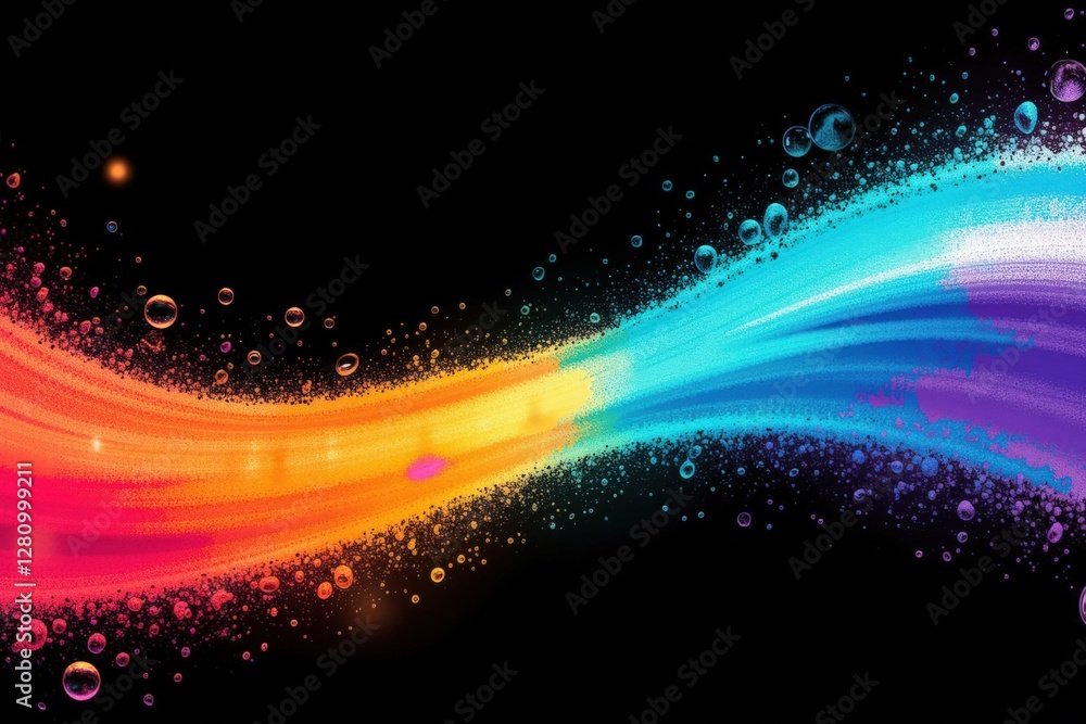 Poster a stunning display of abstract color waves with bubbles on a black background, perfect for visual ar