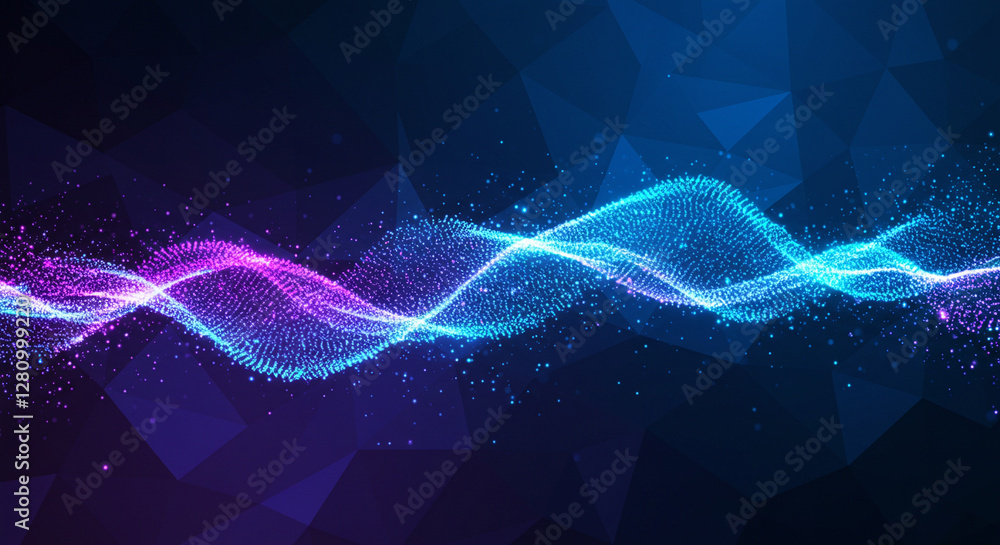Poster glowing blue and purple energy waves with sparkles on dark background. abstract digital flow visuali