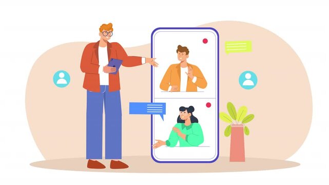 Flat vector scene animation depicting characters having a video call conversation, showcasing online communication tools and interactions through video platforms for personal or business discussions.