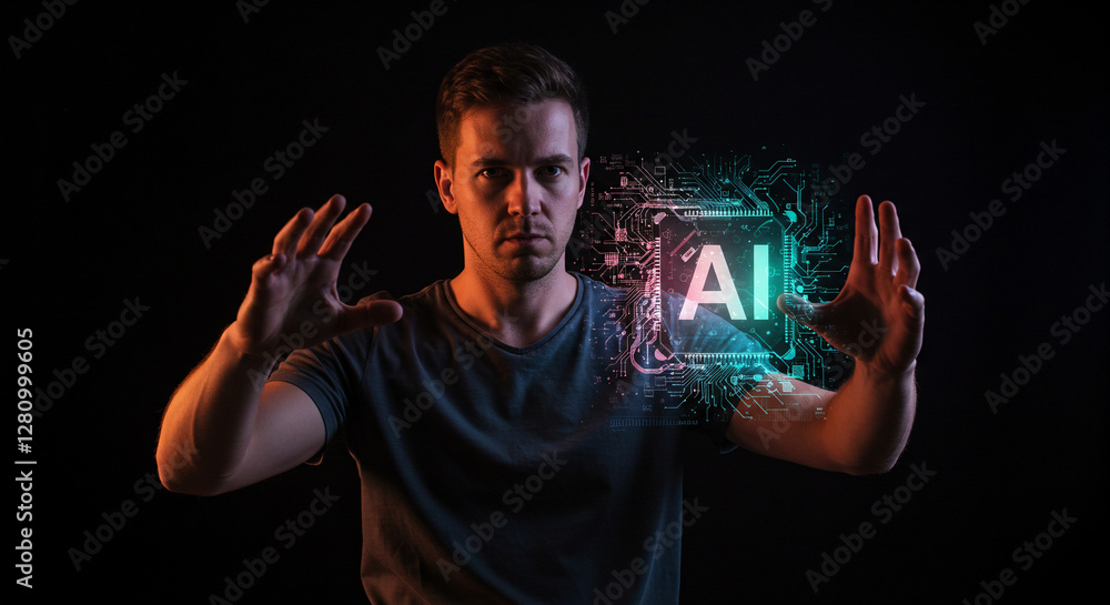 Poster caucasian man interacting with holographic ai symbol in dark room. tech professional showing futuris