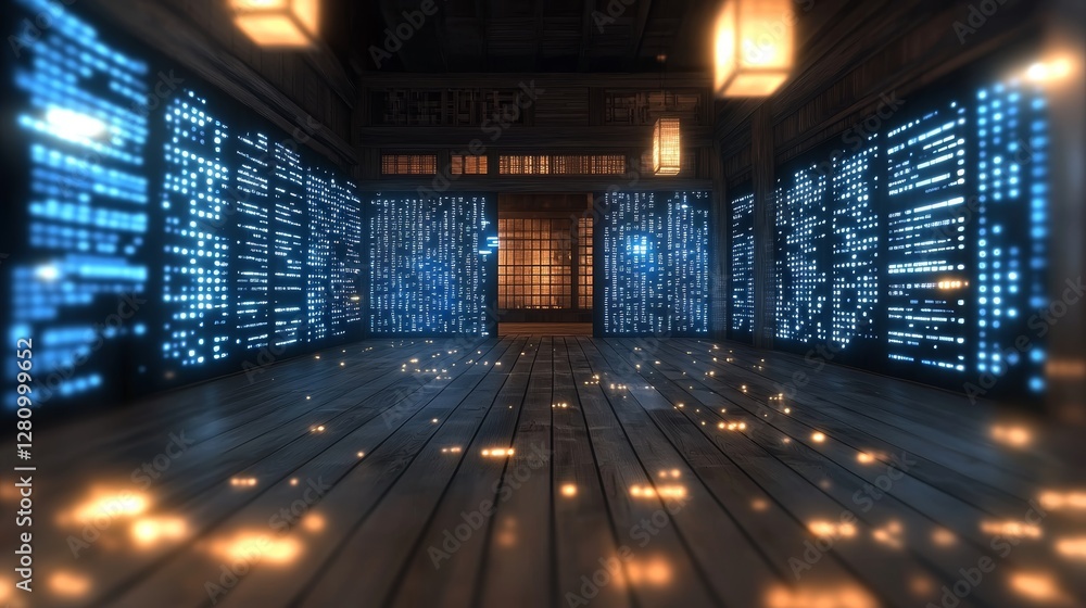 Poster in a working data center, a corridor is featured, crowded with rack servers and supercomputers, and 