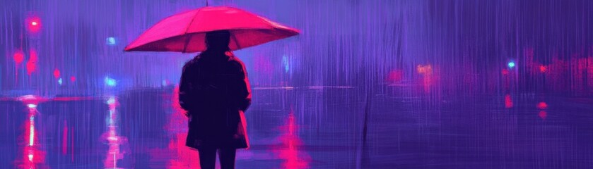 A person stands under a pink umbrella in a vibrant, rain-soaked urban setting, illuminated by colorful lights at night.