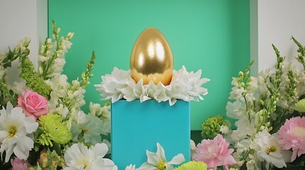Gold Egg in Teal Box with Spring Flowers
