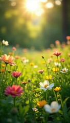 Fototapeta premium Sun-drenched meadow teeming with life, abundant blossoms , vibrant, summer