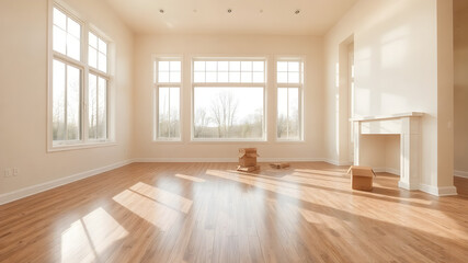 Obraz premium A spacious, empty living room in a modern house with large windows and wooden floors. Sunlight streams through the windows, casting soft shadows. A few scattered moving boxes suggest a fresh start.