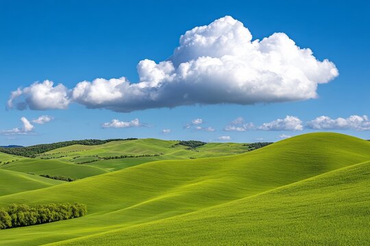 gorgeous rural landscape in mountains fields and meadows on hills rolling in to the distant ridge trees in fresh green foliage nature scenery on a sunny day in spring fluffy clouds on the sky