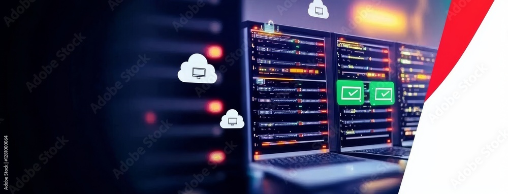 Fototapete a room in an internet data center contains servers and networking devices mounted on rack cabinets, 